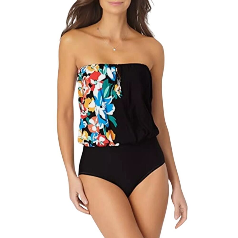 Anne Cole Strapless Floral One-Piece Swimsuit Women’s Black Swimwear - Picture 11 of 11